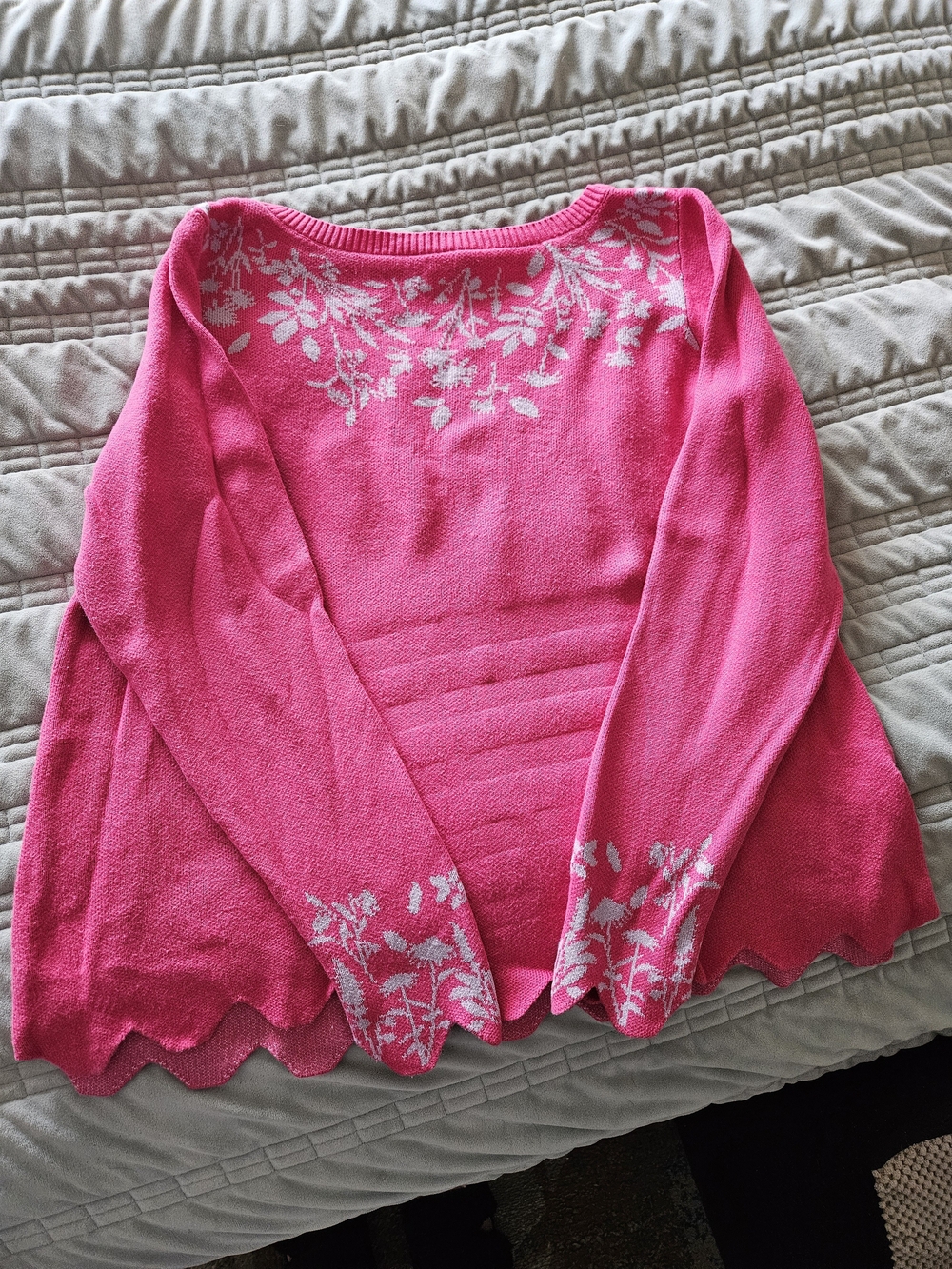 Susan Graver Weekend Bright Pink Floral-Trim Scoop Neck Sweater